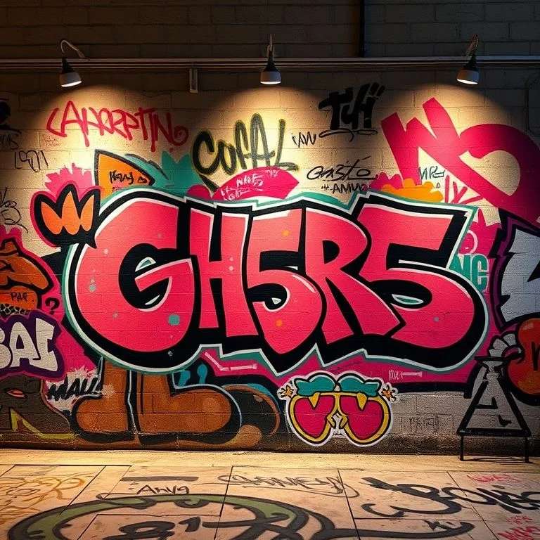 A candid, wide-angle shot of a dimly lit, organized studio space or workshop, filled with various graffiti art supplies: stacks of empty and full spray cans, large sketchbooks with conceptual designs, half-finished canvases, and drop cloths. A single warm light source illuminates a work-in-progress on a large wall.