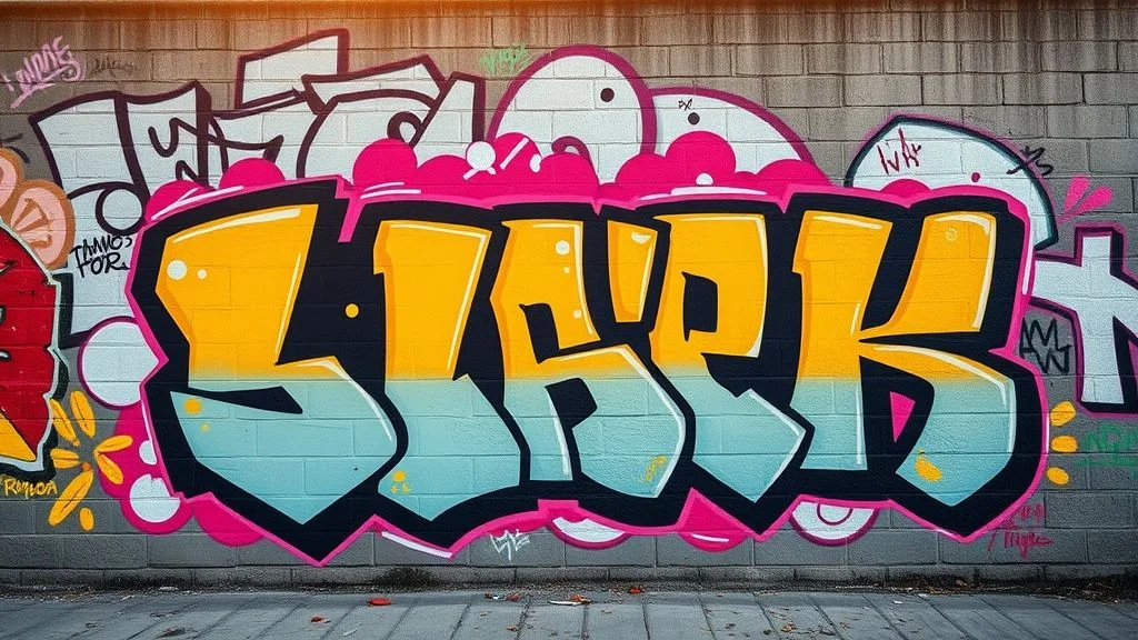 A massive, vibrant graffiti mural, still wet with paint, on a distressed concrete wall. Focus on intricate details, bold lines, and a powerful color gradient (Electric Teal, Neon Magenta, Deep Charcoal, Burnt Orange).