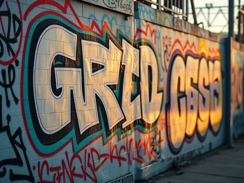 The underpass fully transformed, with a vibrant, larger-than-life mural depicting an abstract narrative covering multiple surfaces, interacting with the architecture.