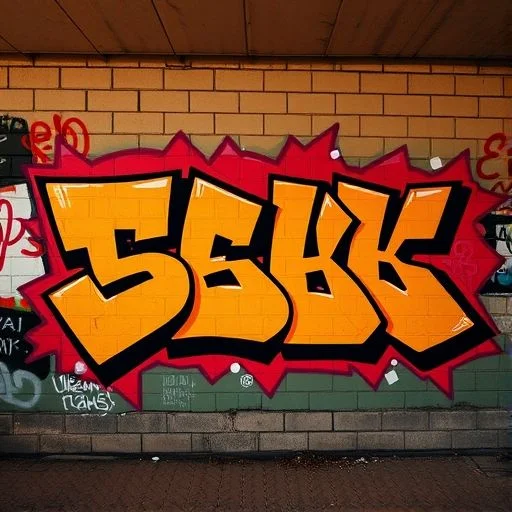 A dynamic, motion-blurred image of an artist's hand, partially obscured by a hoodie, holding a spray can, mid-stroke, creating a stylized tag on a brick wall. The background should be subtly blurred city lights at night.