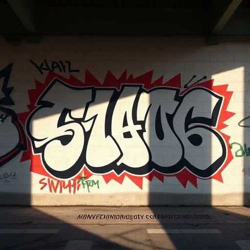 A cityscape view with abstract digital projections overlaid onto buildings.